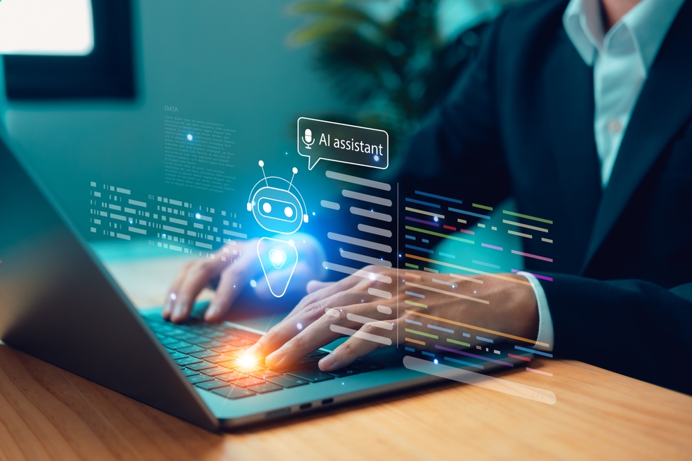 Business team collaborating around data and AI dashboards